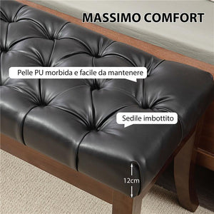 PANCA FONDO LETTO IMBOTTITA CON DESIGN A BOTTONI E GAMBE RICURVE, IN PELLE PU E LEGNO, 120X38X46 CM, NERO