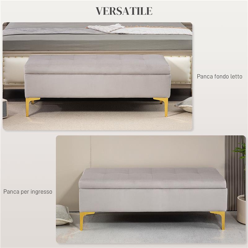 PANCA CONTENITORE FONDO LETTO CON TESSUTO VELLUTATO E GAMBE DORATE, 120X44X44.5CM, GRIGIO CHIARO
