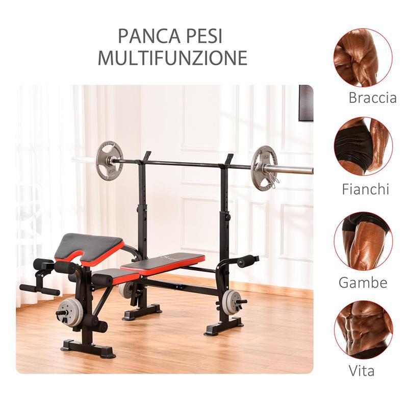 PANCA MULTIFUNZIONE REGOLABILE CON SUPPORTO PER BILANCIERE, IN ACCIAIO E PLASTICA, 175X139X127 CM, ROSSO E NERO