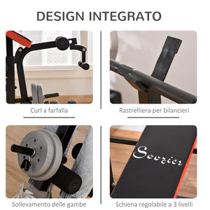 PANCA MULTIFUNZIONE REGOLABILE CON SUPPORTO PER BILANCIERE, IN ACCIAIO E PLASTICA, 175X139X127 CM, ROSSO E NERO