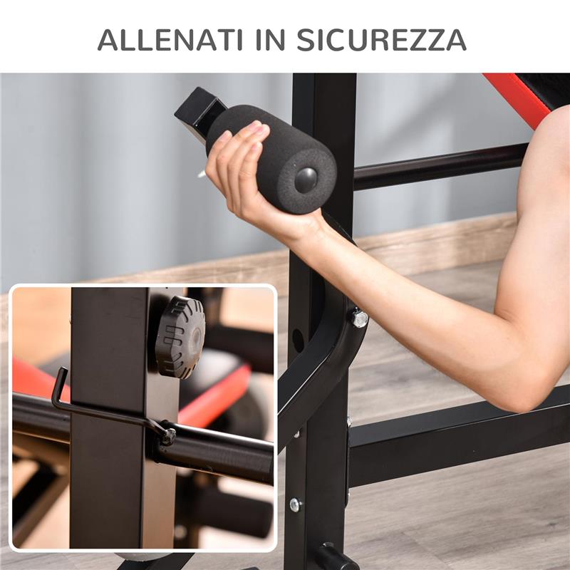 PANCA MULTIFUNZIONE REGOLABILE CON SUPPORTO PER BILANCIERE, IN ACCIAIO E PLASTICA, 175X139X127 CM, ROSSO E NERO