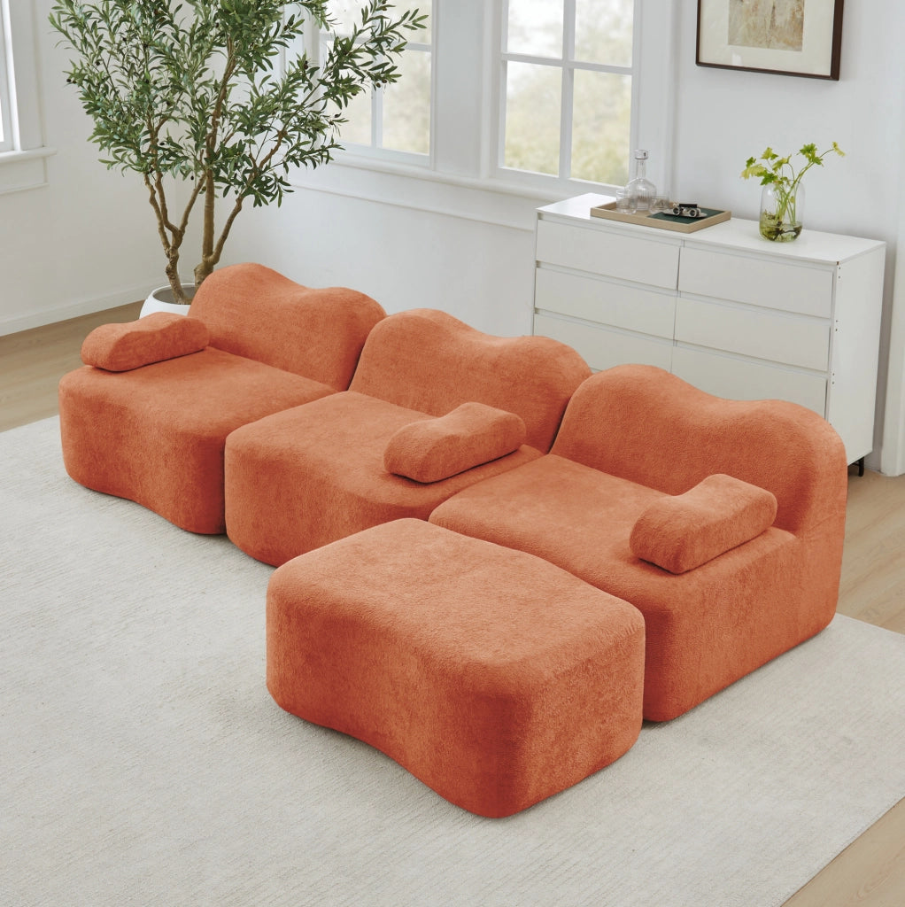 Divano modulare angolare 3 posti con pouf 288x167x70 cm in velluto arancione