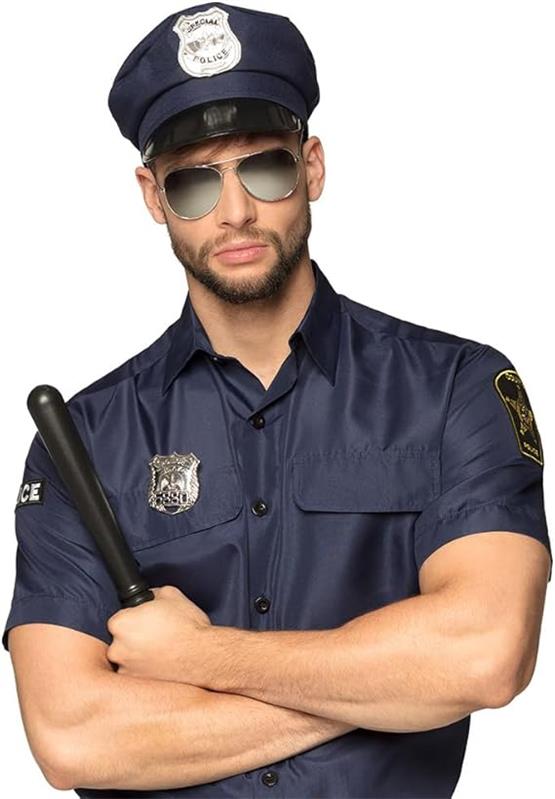 SET POLIZIA BERRETTO OCCHIALI DISTINTIVO E MANGANELLO 33 CM COSTUME DA POLIZZIOTTO PER FESTA