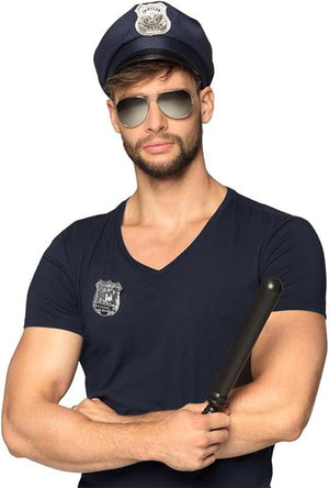 SET POLIZIA BERRETTO OCCHIALI DISTINTIVO E MANGANELLO 33 CM COSTUME DA POLIZZIOTTO PER FESTA