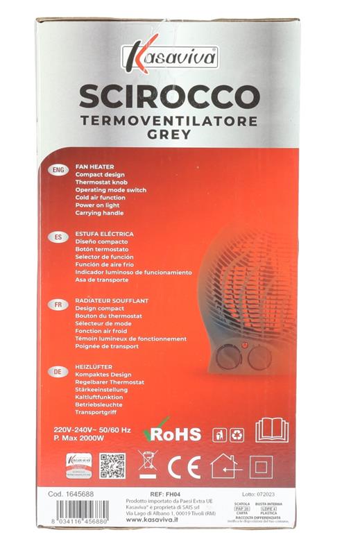 TERMOVENTILATORE SCIROCCO GRIGIO 2000W 2 LIVELLI DI POTENZA