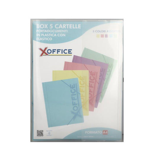 BOX 5 CARTELLE PORTADOCUMENTI IN PLASTICA CON ELASTICO PER UFFICIO FORMATO A4 - 5 COLORI ASSORTITI