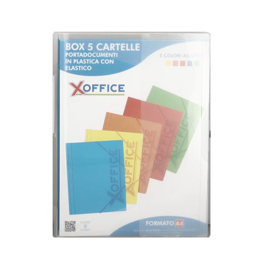 BOX 5 CARTELLEPORTA DOCUMENTI IN PLASTICA CON ELASTICO 5 COLORI ASSORTITI FORMATO A4