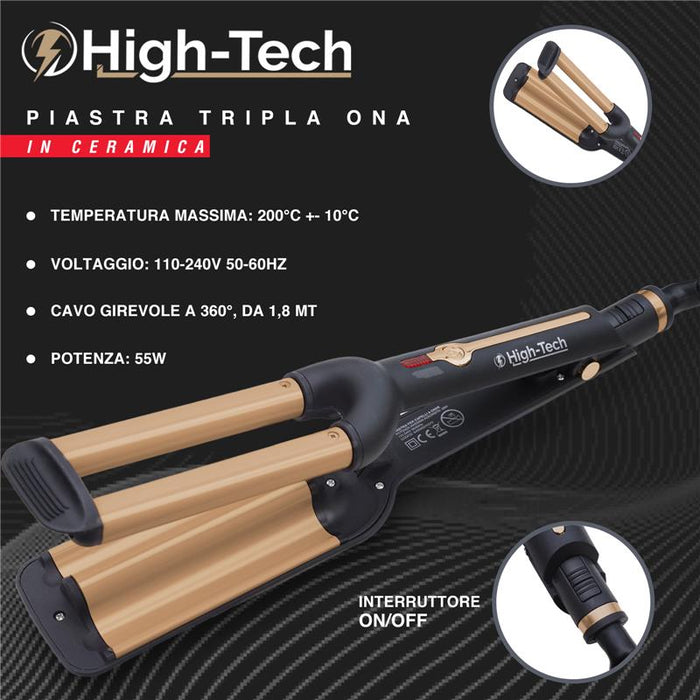 HIGH-TECH PIASTRA PER CAPELLI A TRIPLA ONDA DA 55W CON PIASTRA IN CERAMICA
