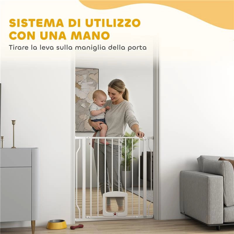 CANCELLO PER CANI E GATTI ESTENSIBILE CON GATTAIOLA INTEGRATA, IN ACCIAIO E ABS, 75-85X2X76 CM, BIANCO
