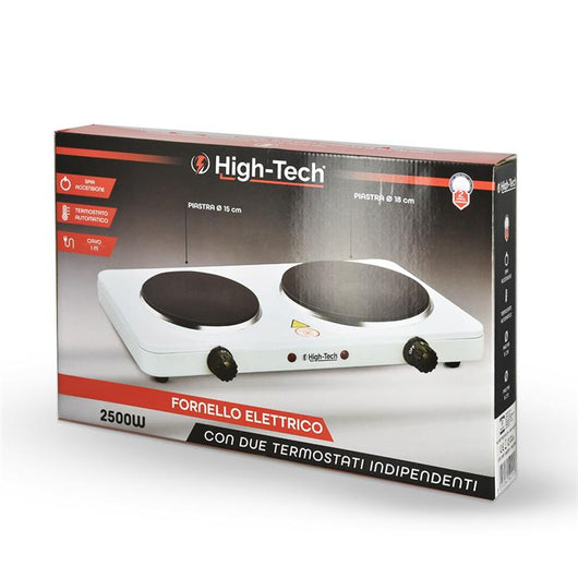 HIGH-TECH FORNELLO ELTTRICO CON PIASTRA DOPPIA Ø15/Ø18 - 2500W  SPIA DI ACCENSIONE + TERMOSTATO CAVO 1 MT