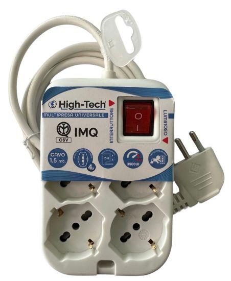 HIGH-TECH MULTIPRESA SQUARE UNIVERSALE 4 POSTI CON INTERRUTTORE P40 16A 250V MAX 3500 W CAVO 3G1.0MM2X1.5M BIANCA