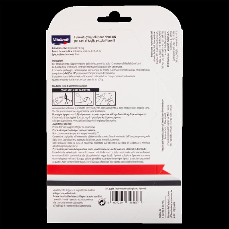 FIPROVIT 67MG SOLUZIONE SPOT-ON PER CANI DI TAGLIA PICCOLA FIPRONIL 3 X 0,67 ML