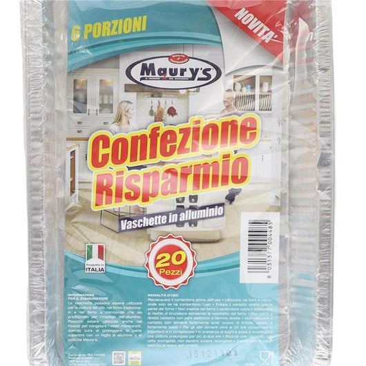 MAURY'S CONTENITORI ALLUMINIO 6 PORZIONI 20PZ PER COTTURA E CONSERVAZIONE ALIMENTI