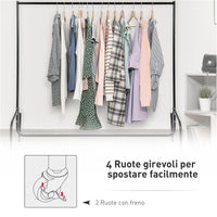 STENDER RELLA PORTA ABITI CON 4 ROTELLE IN FERRO, 150X60X150CM