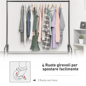 STENDER RELLA PORTA ABITI CON 4 ROTELLE IN FERRO, 150X60X150CM