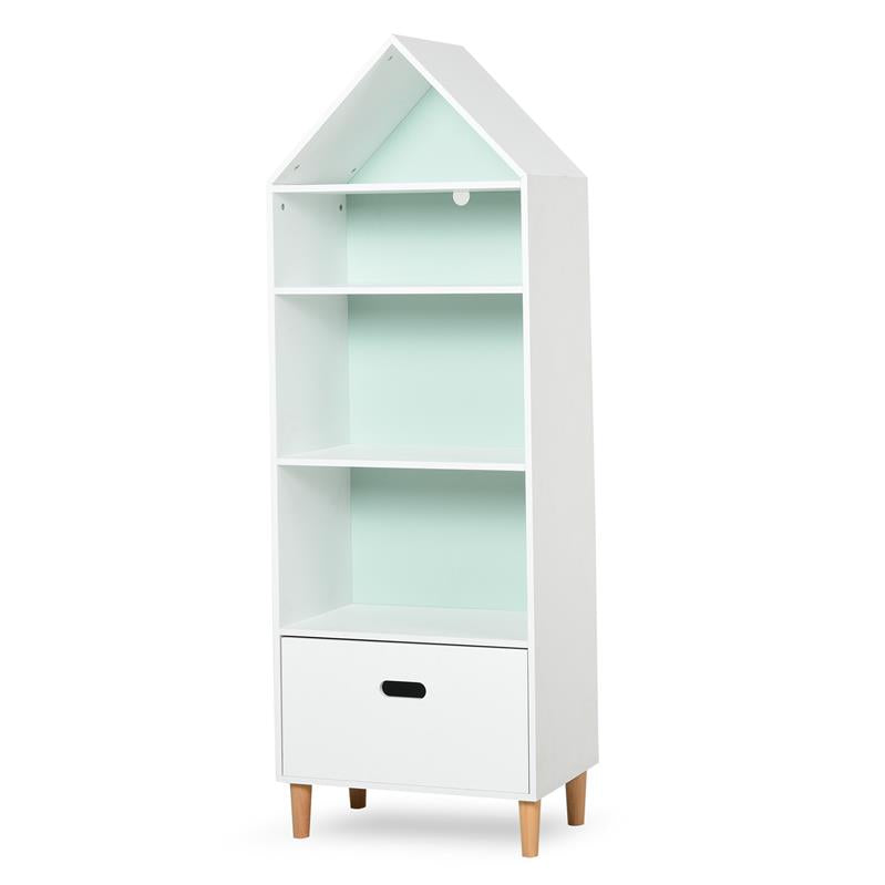 LIBRERIA PORTAGIOCHI PER CAMERETTA CON 1 CASSETTO E 4 RIPIANI BIANCO E AZZURRO