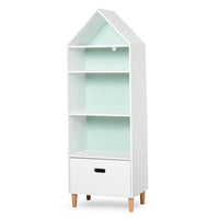 LIBRERIA PORTAGIOCHI PER CAMERETTA CON 1 CASSETTO E 4 RIPIANI BIANCO E AZZURRO