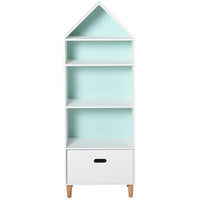 LIBRERIA PORTAGIOCHI PER CAMERETTA CON 1 CASSETTO E 4 RIPIANI BIANCO E AZZURRO