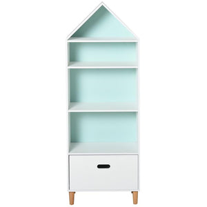 LIBRERIA PORTAGIOCHI PER CAMERETTA CON 1 CASSETTO E 4 RIPIANI BIANCO E AZZURRO