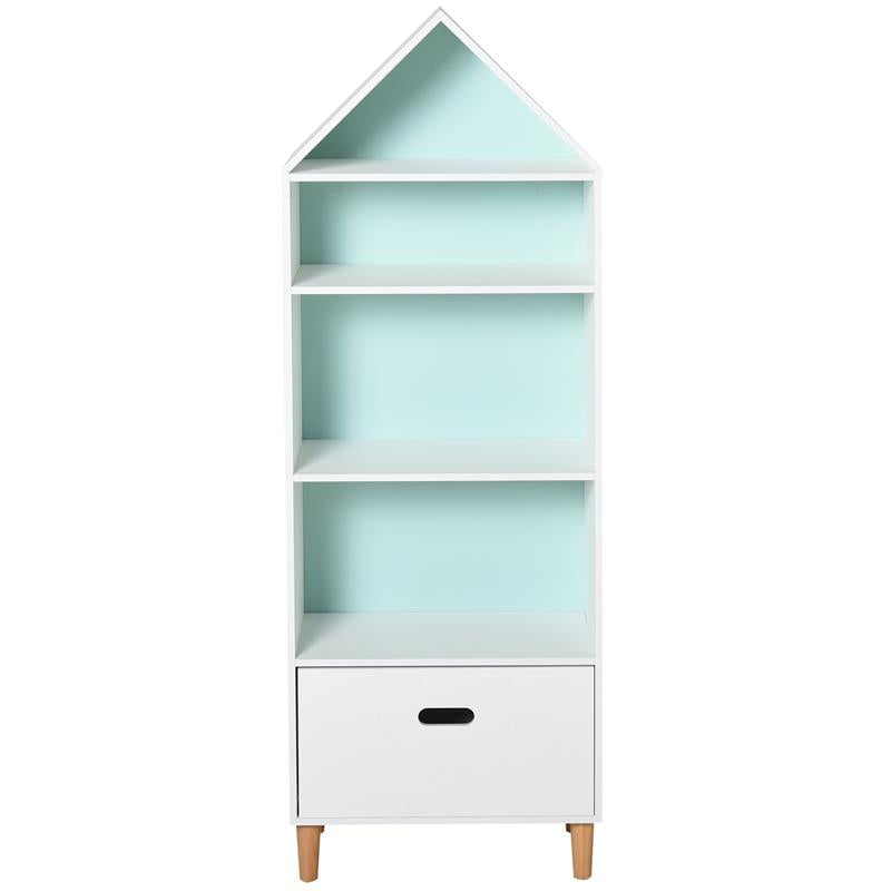 LIBRERIA PORTAGIOCHI PER CAMERETTA CON 1 CASSETTO E 4 RIPIANI BIANCO E AZZURRO