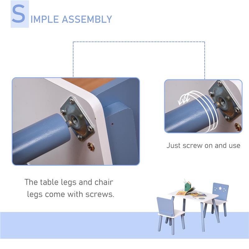 TAVOLO CON SEDIE BAMBINI E BAMBINE 2-6 ANNI IN LEGNO AZZURRO E BIANCO