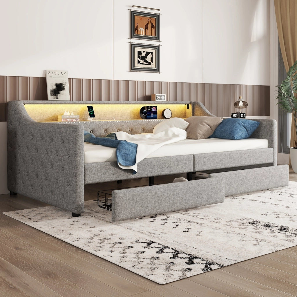 Letto con cassetti singolo 90×200 cm con LED regolabile e USB; senza materasso; lino; grigio