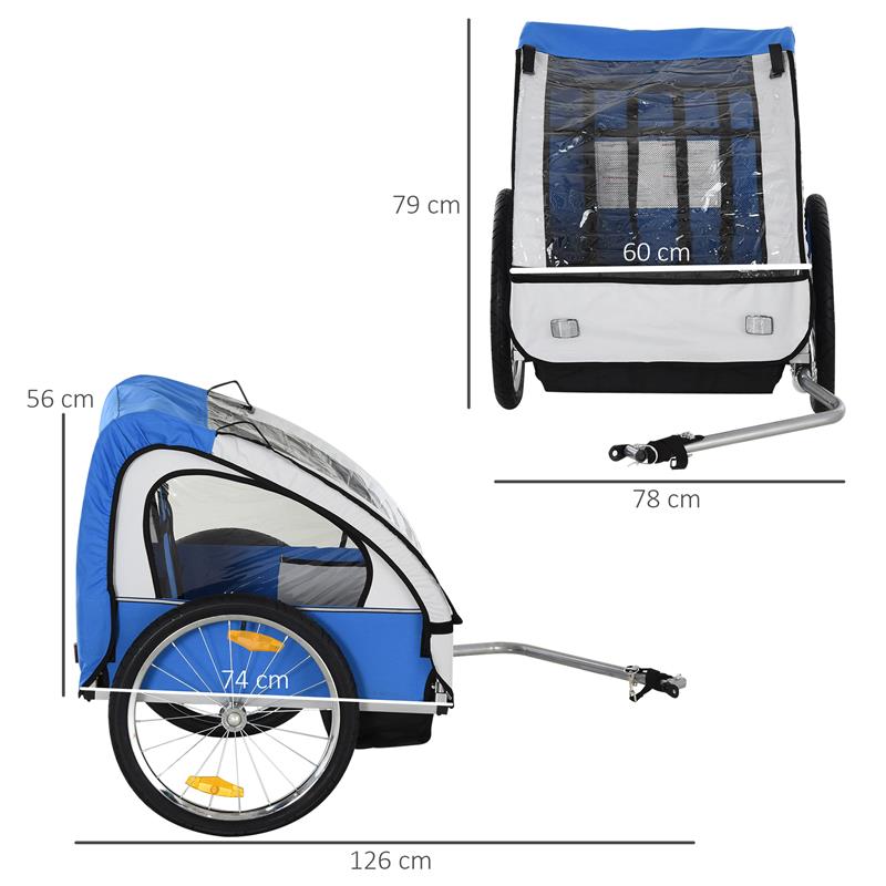 RIMORCHIO BICI BAMBINI 2 POSTI CON CINTURE DI SICUREZZA IN ACCIAIO E TESSUTO OXFORD BLU