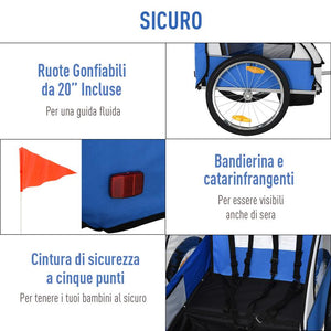 RIMORCHIO BICI BAMBINI 2 POSTI CON CINTURE DI SICUREZZA IN ACCIAIO E TESSUTO OXFORD BLU