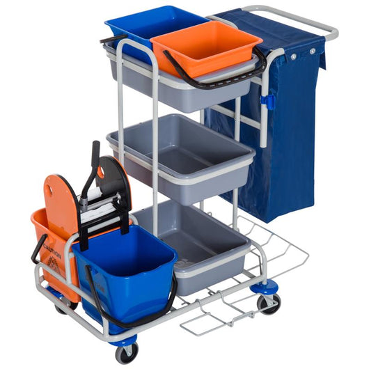 CARRELLO PROFESSIONALE CON 4 SECCHI GRIGIO, BLU E ARANCIONE CON STRIZZATORE