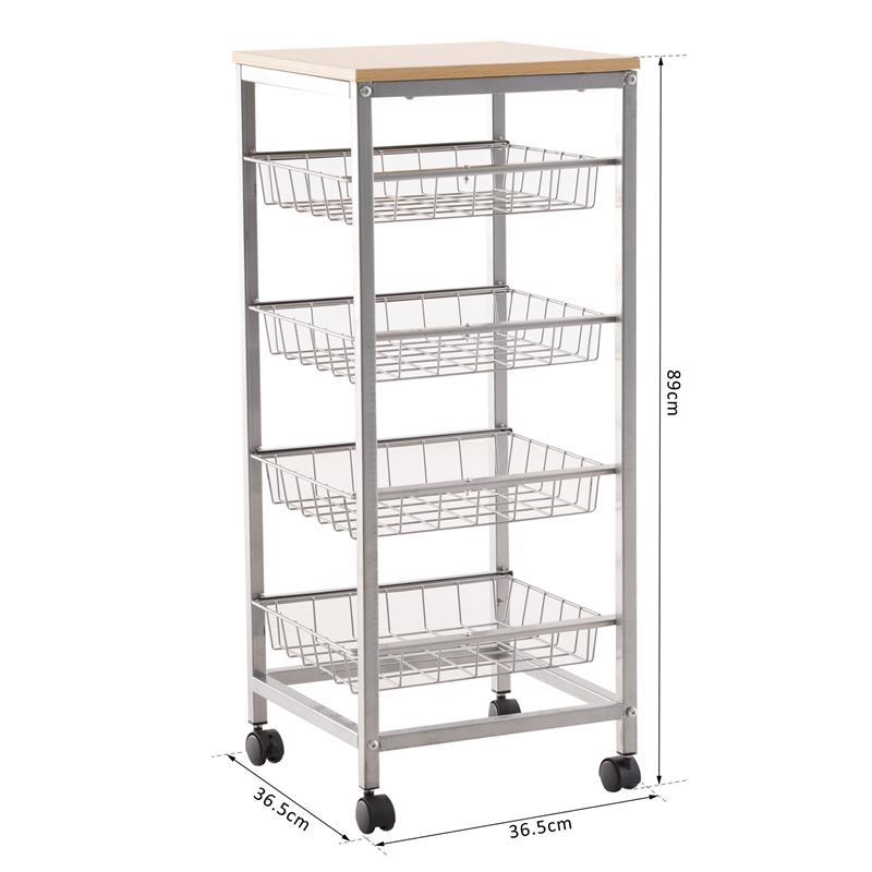 CARRELLO DA CUCINA CON CESTI ESTRAIBILI IN ACCIAIO E RUOTE 36.5X36.5X89CM