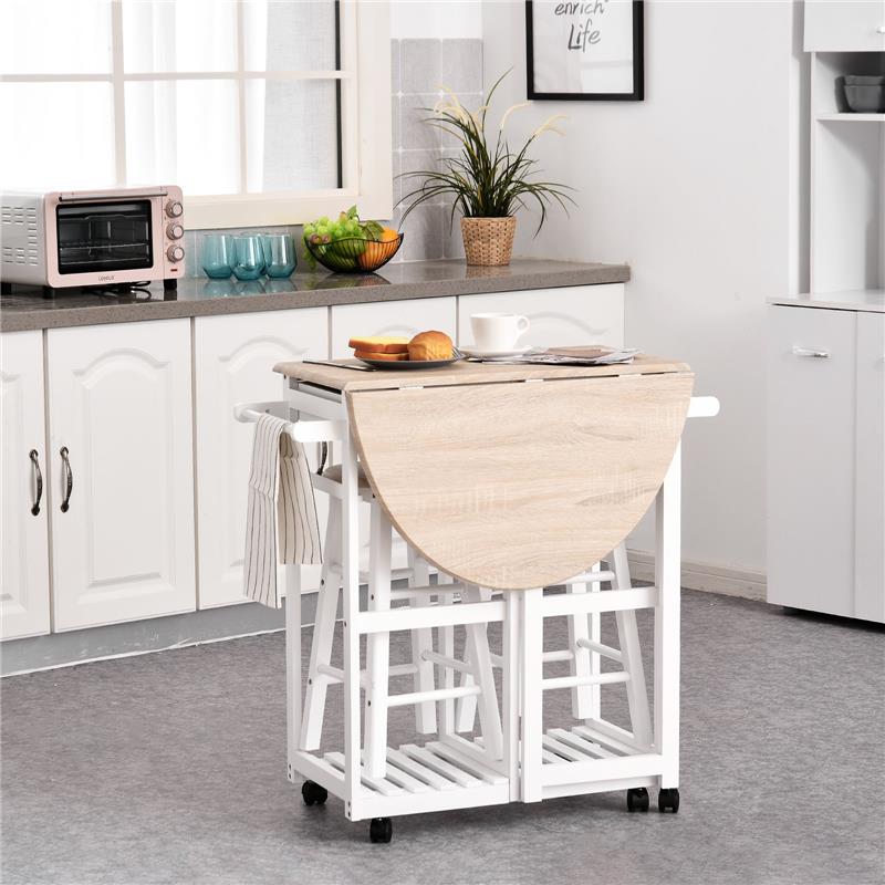 CARRELLO DA CUCINA PIEGHEVOLE CON 2 SGABELLI IN LEGNO BIANCO 83,5X74 X 83 CM