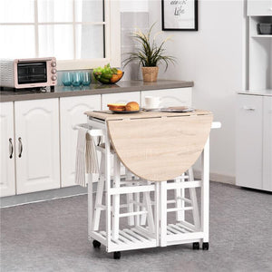 CARRELLO DA CUCINA PIEGHEVOLE CON 2 SGABELLI IN LEGNO BIANCO 83,5X74 X 83 CM