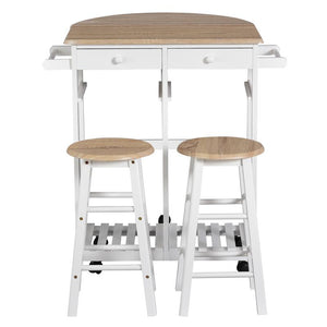 CARRELLO DA CUCINA PIEGHEVOLE CON 2 SGABELLI IN LEGNO BIANCO 83,5X74 X 83 CM