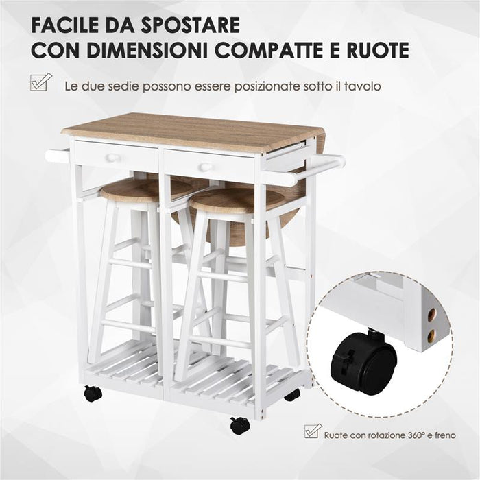 CARRELLO DA CUCINA PIEGHEVOLE CON 2 SGABELLI IN LEGNO BIANCO 83,5X74 X 83 CM