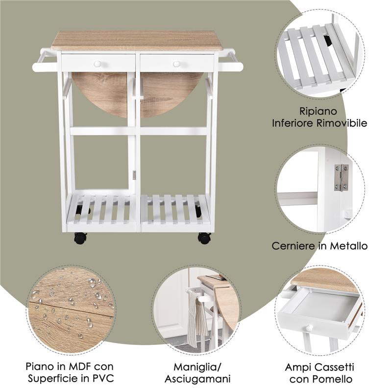 CARRELLO DA CUCINA PIEGHEVOLE CON 2 SGABELLI IN LEGNO BIANCO 83,5X74 X 83 CM