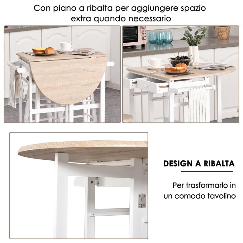 CARRELLO DA CUCINA PIEGHEVOLE CON 2 SGABELLI IN LEGNO BIANCO 83,5X74 X 83 CM