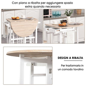 CARRELLO DA CUCINA PIEGHEVOLE CON 2 SGABELLI IN LEGNO BIANCO 83,5X74 X 83 CM