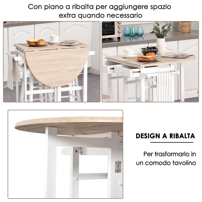 CARRELLO DA CUCINA PIEGHEVOLE CON 2 SGABELLI IN LEGNO BIANCO 83,5X74 X 83 CM