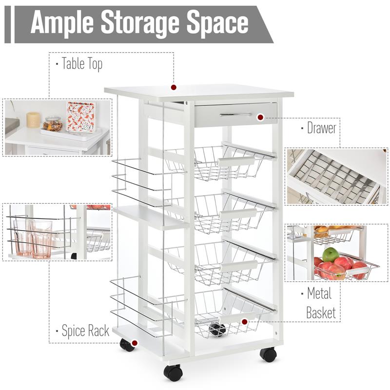 CARRELLO DA CUCINA CON 1 CASSETTO E 4 CESTELLI METALLICI 47X37X83CM BIANCO