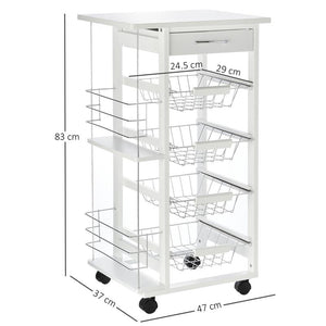 CARRELLO DA CUCINA CON 1 CASSETTO E 4 CESTELLI METALLICI 47X37X83CM BIANCO