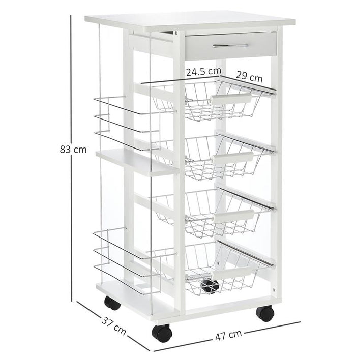 CARRELLO DA CUCINA CON 1 CASSETTO E 4 CESTELLI METALLICI 47X37X83CM BIANCO