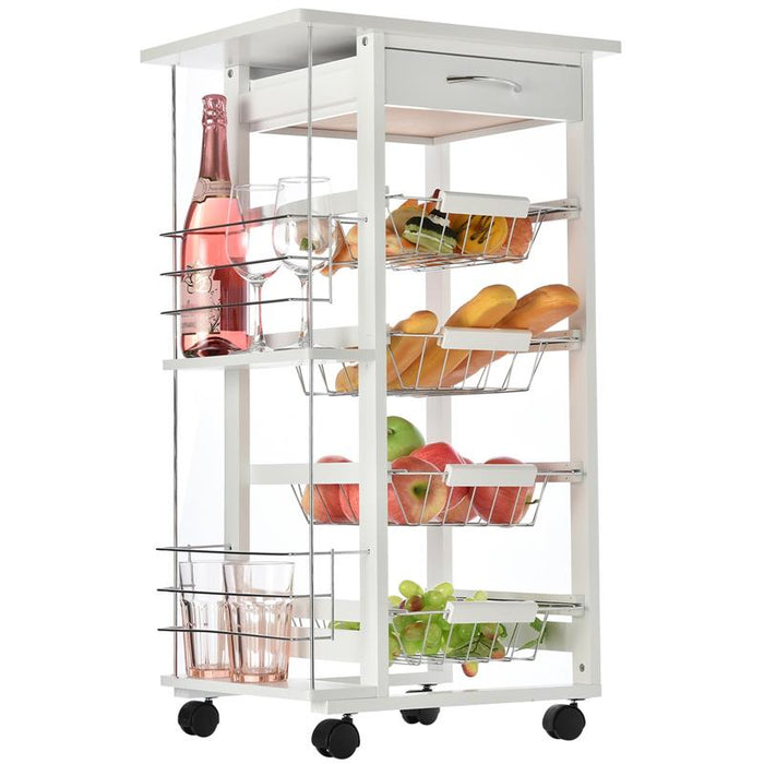 CARRELLO DA CUCINA CON 1 CASSETTO E 4 CESTELLI METALLICI 47X37X83CM BIANCO