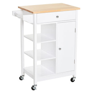 CARRELLO DA CUCINA CON CASSETTO ANTA E 3 RIPIANI IN LEGNO 66X39,5X86,5 CM BIANCO