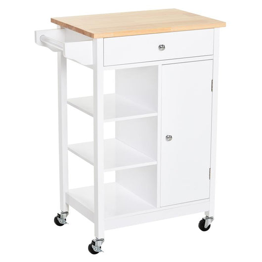 CARRELLO DA CUCINA CON CASSETTO ANTA E 3 RIPIANI IN LEGNO 66X39,5X86,5 CM BIANCO