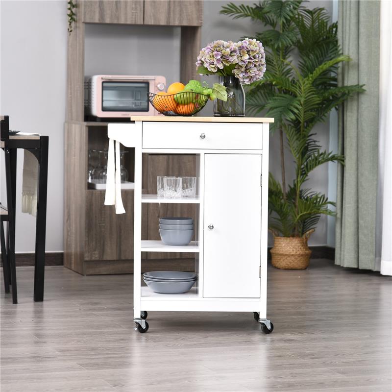 CARRELLO DA CUCINA CON CASSETTO ANTA E 3 RIPIANI IN LEGNO 66X39,5X86,5 CM BIANCO