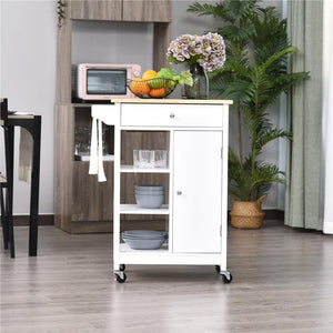 CARRELLO DA CUCINA CON CASSETTO ANTA E 3 RIPIANI IN LEGNO 66X39,5X86,5 CM BIANCO