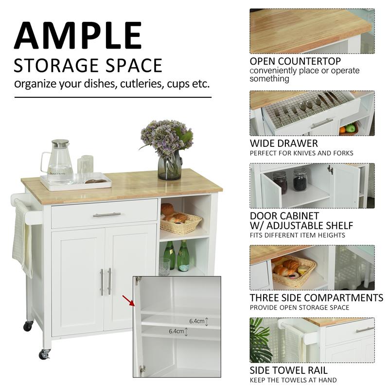 CARRELLO DA CUCINA IN LEGNO BIANCO CON CASSETTO, ARMADIETTO E 3 RIPIANI