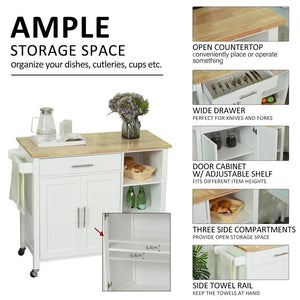 CARRELLO DA CUCINA IN LEGNO BIANCO CON CASSETTO, ARMADIETTO E 3 RIPIANI