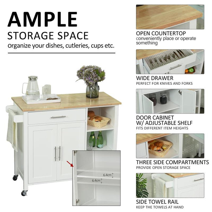 CARRELLO DA CUCINA IN LEGNO BIANCO CON CASSETTO, ARMADIETTO E 3 RIPIANI