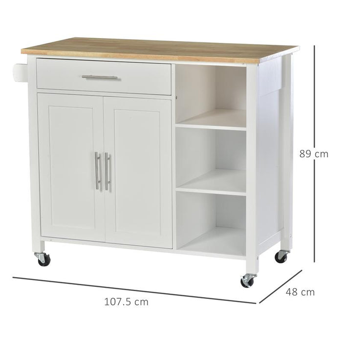 CARRELLO DA CUCINA IN LEGNO BIANCO CON CASSETTO, ARMADIETTO E 3 RIPIANI